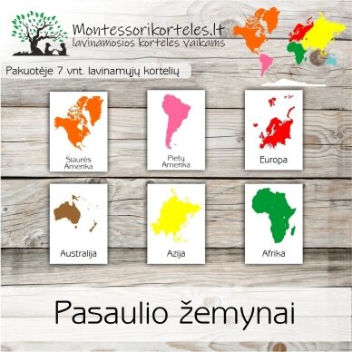 Montessori lavinamosios trijų dalių kortelės pasaulio žemynai (PDF)